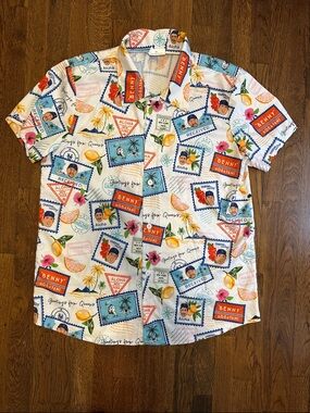 New York Mets White Tropical Hawaiian Stamp Print Short-Sleeve Shirt XL